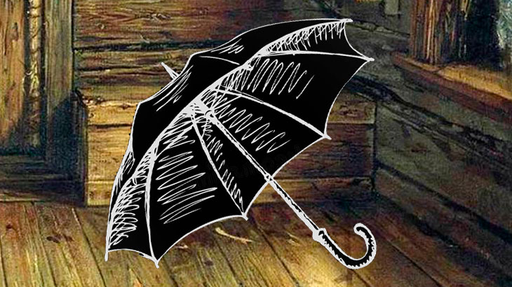 Раскрытый зонт на полу в старом доме.