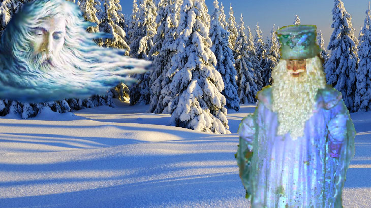 Дед Мороз и Сиверко в зимнем лесу.